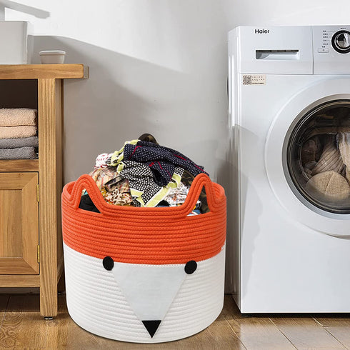 MHOMER XXLarge 14''x14''x13'' Blanket Basket Living Room Foldable Baby Laundry Basket Extra Large Cute Fox Blanket Storage for Living Room Basket with Handle Laundry Cotton Rope Gift Clothes Basket