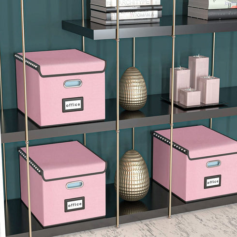 Collapsible File Storage Organizer Boxes with Lids, Huolewa Linen Document Storage, Universal Hanging Filing Organization Box for Letter/Legal Folder, Decorative Office /Home File Bins - Pink (2 Pack)