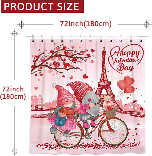 Valentines Shower Curtain for Bathroom, Happy Valentine's Day Gnomes by Bike Waterproof Bath Curtain, Valentine Love Tree Eiffel Tower Fabric Shower Curtains with Hooks for Home Decorations, 72"x72"