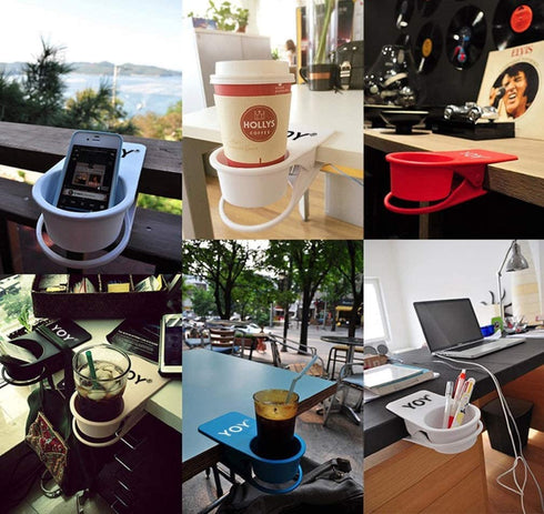 YOY 2 Pack Drink Cup Holder Clip - Table Desk Side Water Glass Beer Bottle Beverage Soda Coffee Mug Holder Cup Saucer Clip Design for Home Office, Black