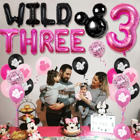 Cartoon Mouse 3rd Birthday Decorations Party Supplies for 3 Years Old Girls Balloon Garland Arch Kit with Wild Three Cartoon Mouse Theme Number 3 Balloon