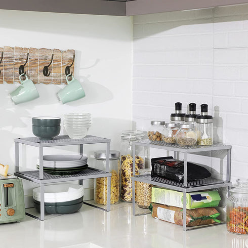 SONGMICS Cabinet Shelf Organizers, Spice Racks, Stackable, Expandable, Set of 4 Metal Kitchen Counter Shelves, Silver Gray UKCS006S01