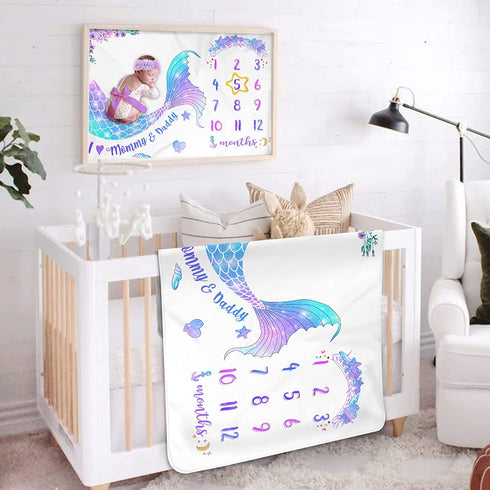 Bonsai Tree Milestone Blanket Baby Girl, Mermaid Baby Monthly Milestone Photo Blanket for Newborn, Thick Fleece Photography Prop for Baby, Includes 1 Frame + 1 Headband, 51?x40?