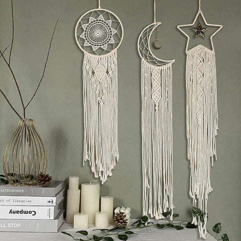 MIPON 3Pcs Macrame Dream Catcher, Handmade Woven Boho Tapestry, Chic Bohemian Home Decor Wall Hanging Sun & Moon & Star Decoration Craft Gift