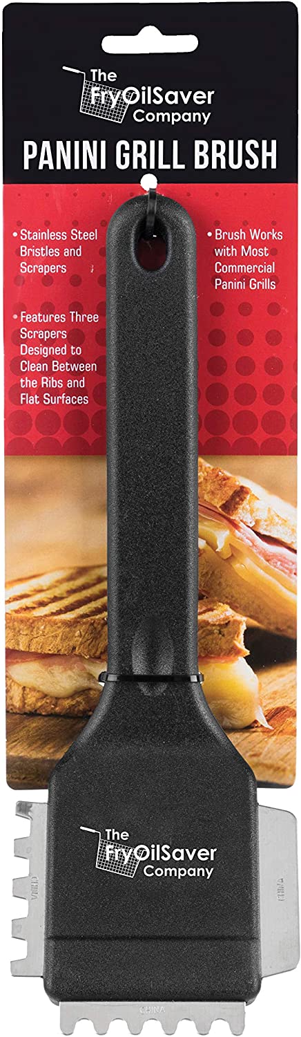 FryOilSaver Co. 90052 Panini Grill Brush - Commercial Electric Grill Stiff Bristle Brush - Stainless Steel Bristles with Hard Plastic Handle - 3 Different Scraper Heads - Heavy Duty Small Grill Brush