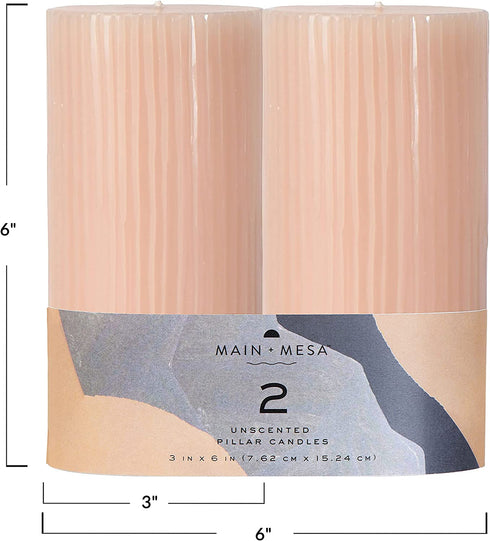 Main + Mesa Unscented Ribbed Pillar Candles, Set of 2, 3"x6", Blush Taupe