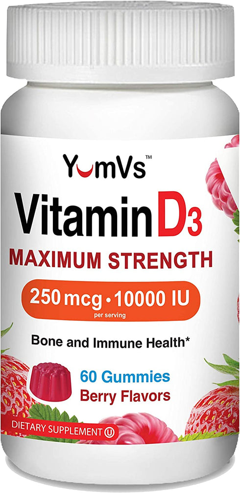 Vitamin D3 10000 IU Maximum Strength Gummies for Adults by YumVs | Vitamin D 5000 iu per Gummy | 250 mcg – Vitamin D per Serving | Kosher Vegetarian Chewables Berry Flavor - 60 Count