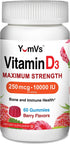 Vitamin D3 10000 IU Maximum Strength Gummies for Adults by YumVs | Vitamin D 5000 iu per Gummy | 250 mcg – Vitamin D per Serving | Kosher Vegetarian Chewables Berry Flavor - 60 Count