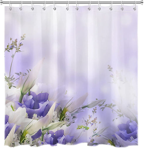 LB Pastel Flower Bouquet Ombre Background Shower Curtain Purple Floral Restroom Bathroom Curtains Hooks Durable Waterproof Fabric Curtain Set, 70 x 70 Inches