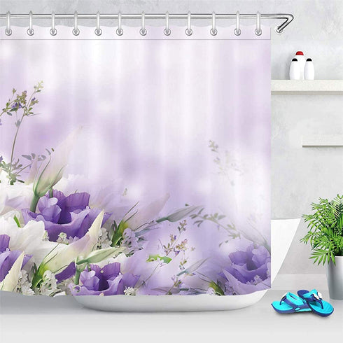 LB Pastel Flower Bouquet Ombre Background Shower Curtain Purple Floral Restroom Bathroom Curtains Hooks Durable Waterproof Fabric Curtain Set, 70 x 70 Inches