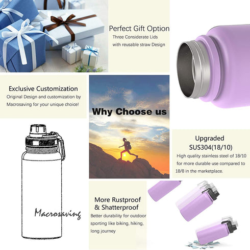 Macrosaving Water Bottle with Straw (27oz), 3 Lids, Double Wall Vacuum Stainless Steel Sports Insulated Water Bottle, Leakproof BPA Free Personalized Water Bottle Travel Thermos for Biking, Hiking