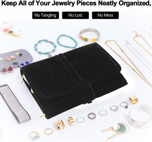 Teamoy Velvet Travel Jewelry Roll, Jewelry Storage Bag Organizer for Necklaces, Earrings, Bracelets, Rings, Brooches and More, Compact and Easy to Carry (Large, Velvet- Black)