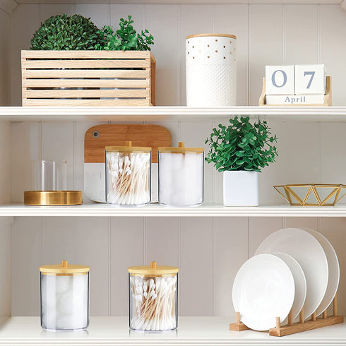 6 Pack Acrylic Qtip Holder Dispenser Bathroom Jars Set Round Pad Holder with Bamboo Lid Clear Plastic Stackable Ball Storage Container with 2 Pieces Removable Sticker Label for Bathroom Accessories