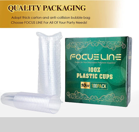 FOCUSLINE 100 Pack Clear Plastic Cups 10 oz Disposable Cups Heavy Duty Plastic Tumblers, Reusable Clear Hard Plastic Cups Tumblers for Wedding, Thanksgiving, Halloween, Christmas Party