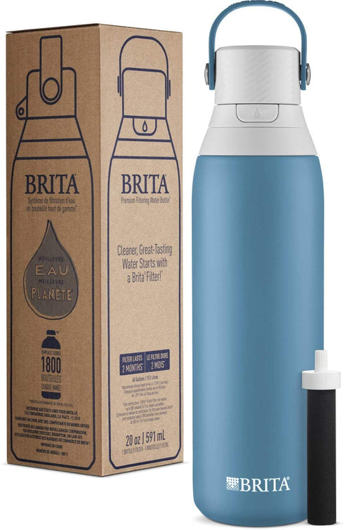 Brita Stainless Steel Water Filter Bottle, 20 Ounce, Blue Jay, 1 Count