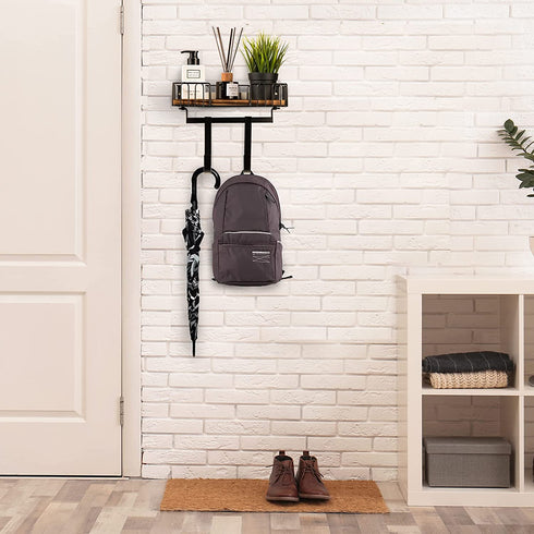 DB Ironing Board Hanger Wall Mount, Ironing and Iron Board Wall Mount with Shelf, Metal Iron Holder Wall Mount with Large Storage Wooden Base Basket & Removable Hooks, Iron Board Hanger Laundry Room