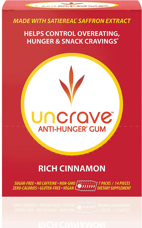 UnCrave Anti-Hunger Gum with Satiereal Saffron Extract - Control Compulsive Snacking, Overeating and Cravings for Healthy Weight Management - Improve Mood - Rich Cinnamon, Box of 7 Packs