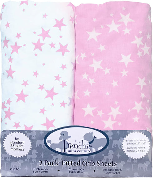 Frenchie Mini Couture Fitted Crib Sheets 100% Woven Cotton Fits Toddler Mattress, Pink Stars, 28 x 52in, 2-Pack