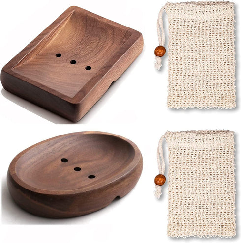 HASTER Walnut Wooden Soap Dish,Natural Handcrafted Bar Soap Holder, Wood Sponge Holder,Premium Gift Soap Holder with Soap Saver for Shower, Bathroom and Kitchen (Rectangular and Oval) 2Pack