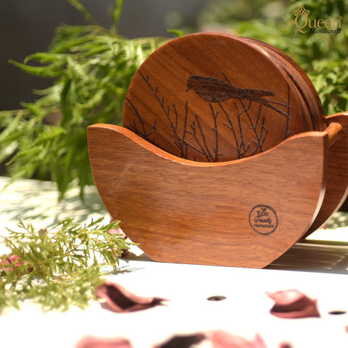Wooden Coasters for Coffee Table NOT Moisture Absorbing, Drink Coasters for Wooden Table, Natural Wooden Coasters with Holder, Table Coasters for Wood Table, 3.9 in Diameter, 7pcs