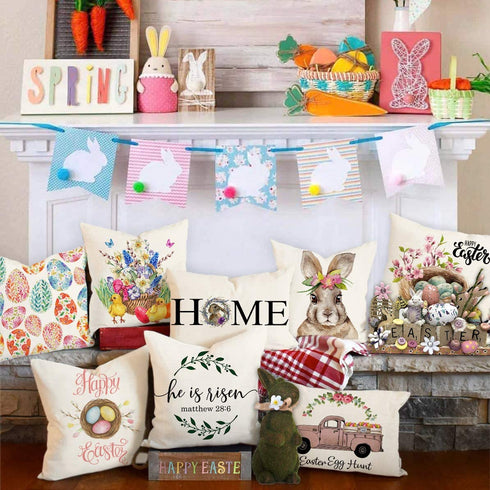4TH Emotion Spring Easter Throw Pillow Covers Bunny Egg Chick Cushion Case for Sofa Couch 18x18 Inches Polyester Linen Set of 4