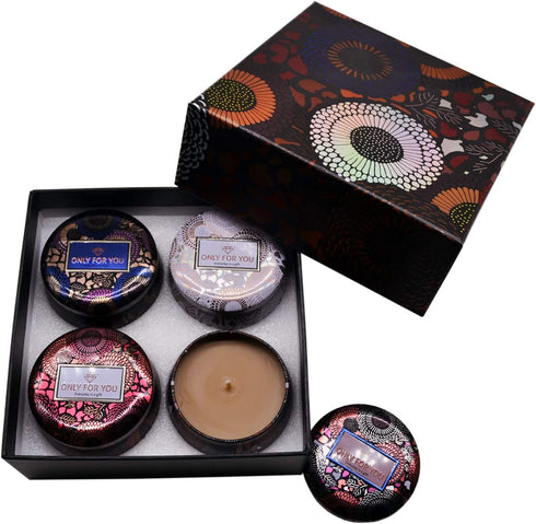 Scented Candle Gifts Set for Women & Mom Birthday. Luxury 4x4.4oz Decorative Travel Tin Can. Luxury Natural Soy Wax with Essential Oils Rose Jasmine Lavender Ocean Fragrances for Home Yoga