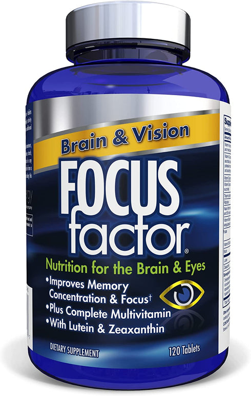 Focus Factor Brain and Vision Supplement, 120 Count - Eye Vitamin, Mineral Supplement & Complete Multivitamin for Adults w/ Lutein & Zeaxanthin – Brain Supplement for Focus, Concentration, Memory