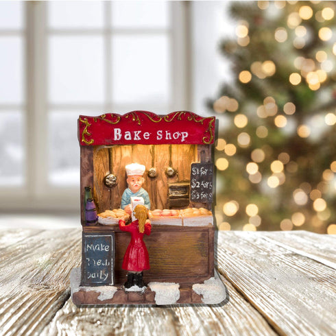 One Holiday Way Miniature 4.5-Inch LED Lighted Christmas Village Bake Shop Figurine - Battery Operated Light-Up Small Mini Decorative Tabletop Shelf Holiday House Building Decoration Winter Home Decor