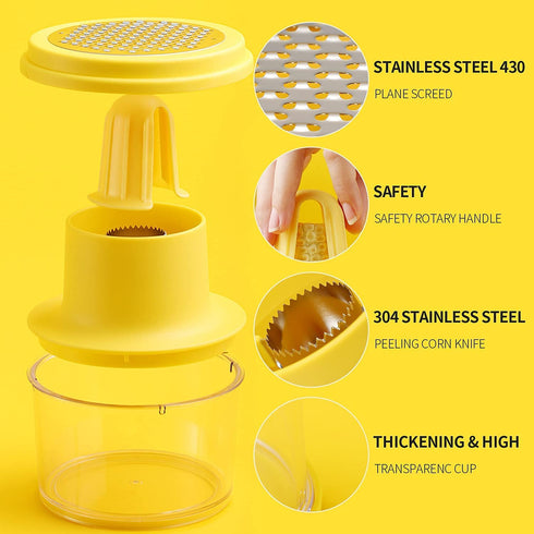 OLEKURT Cob Corn Stripper - Corn Peeler 4 in 1 Stainless Steel Corn Cob Stripper Tool, Corn Cutter with Bowl, For Ginger Grater/Carrot Planer/Potato Planer, Seamless, No Splatters, More Solid