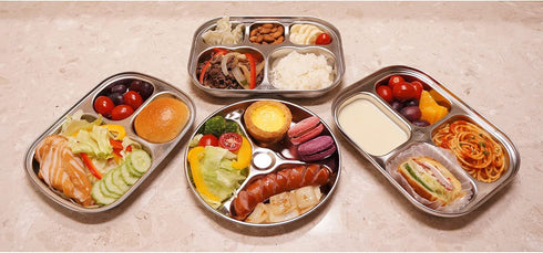 Korean Stainless Steel Divided Plates by KS&E, Kids Toddlers Babies Tray, BPA Free, Diet Food Control, Camping Dishes, Compact Serving Platter, Dinner Snack, 3 Compartment Plate Silver, Set of 2