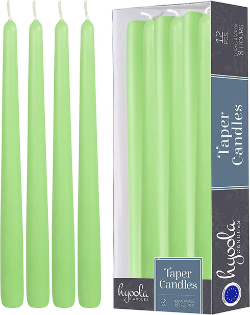 Hyoola 12 Pack Tall Taper Candles - 10 Inch Celery Green Dripless, Unscented Dinner Candle - Paraffin Wax with Cotton Wicks - 8 Hour Burn Time