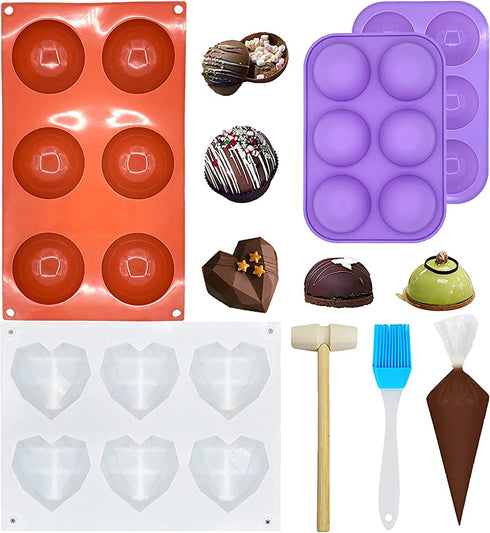 3 Types Of Chocolate Bomb Mold Hot Cocoa Bomb Mold Kit 2 Large&Small 6 Holes Sphere Ball Molds 1 Heart Silicone Molds Round For Making Hot Chocolate Bombs Candy Mousse Cake Pudding Baking Tools
