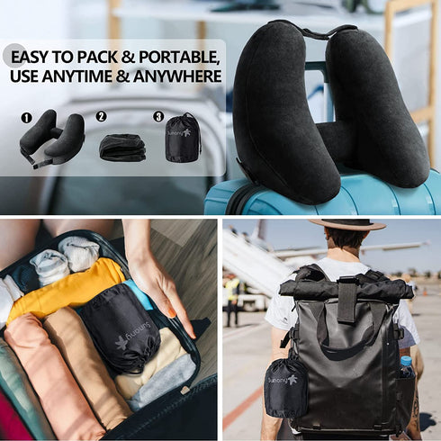 Neck Pillow Inflatable Travel Pillow Comfortably Supports The Head, Neck and Chin, Airplane Pillow with Soft Velour Cover, Hat, Portable Drawstring Bag, 3D Eye Mask and Earplugs (Black)