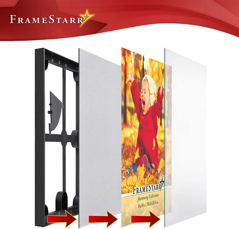 FrameStarr 8x10 Picture Frame Set (Black, 3 Pack), Front-Loading Contemporary Modern Style, Tabletop or Wall Mount, Harmony Collection