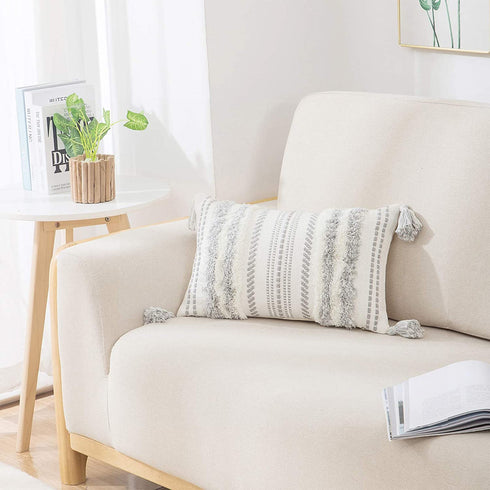 decorUhome Boho Lumbar Decorative Throw Pillow Cover for Bed Bedroom Neutral Accent Cushion Cover Tufted Woven Pillow Case, 12x20, Grey and White