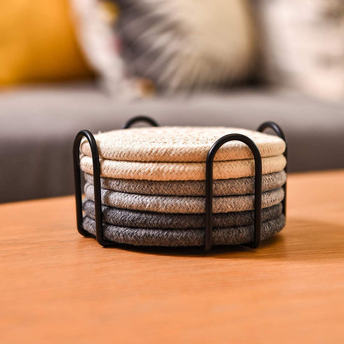 Coasters for Drinks, Braided Absorbent Coasters with Holder (6-Piece Set) for Home and Kitchen-Light (Set 2)