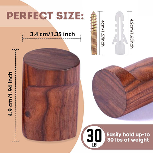 Upsole 6 Pack Walnut Wood Coat Hooks - Wooden Wall Hooks for Home and Office - Decorative Wall Mounted Hat Hooks and Hanging Washroom Towels Garments Wood Towel Hook
