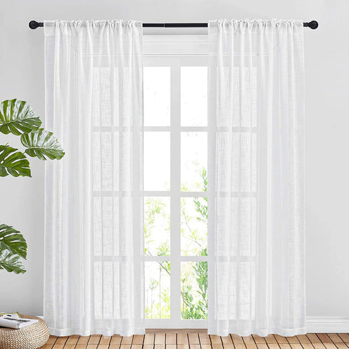 NICETOWN White Linen Sheer Curtains and Drapes 84 inches Long, Rod Pocket & Back Tab semitransparent with Light Through Vertical Window Treatments for Sliding Glass Door & Living Room, 52"W, Set of 2