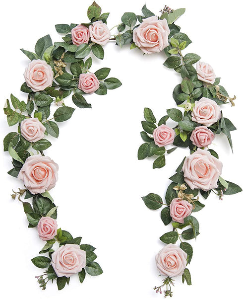 Ling's moment Handcrafted Artificial Blush Pink Rose Flower Garland 5ft Greenery Garland for Wedding Centerpieces Ceremony Sign Aisle Arch Backdrop Reception Table Decorations