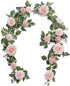 Ling's moment Handcrafted Artificial Blush Pink Rose Flower Garland 5ft Greenery Garland for Wedding Centerpieces Ceremony Sign Aisle Arch Backdrop Reception Table Decorations