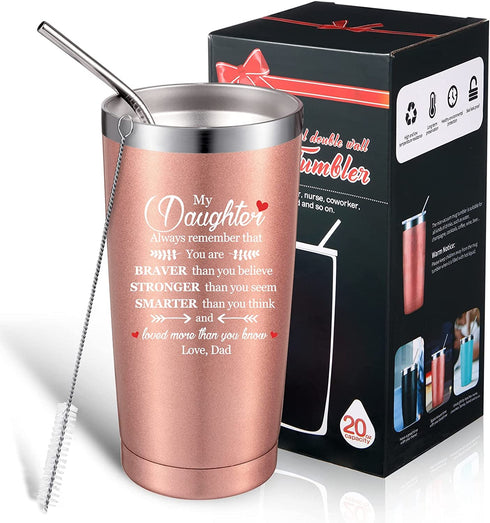Inspirational Tumbler Gift for Daughter, Daughter Birthday Gift from Dad, Always Remember You are Braver Than You Believe, Christmas Graduation Gifts, 20 oz Mug Tumbler with Straw Lid and Brush