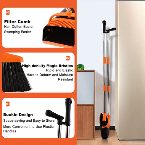 Perastra Long-Handled Broom & Dustpan Set, Upright Standing Dustpan & Super Long Handled Broom with Heavy Duty Bristles for Home Floor Sweeping (Black Orange)
