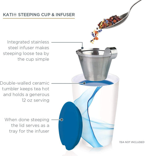 Tea Forte Kati Cup Bleu, Ceramic Tea Infuser Cup with Infuser Basket and Lid for Steeping Loose Leaf Tea