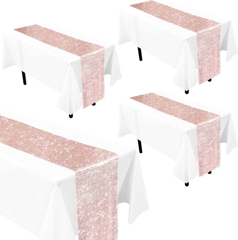 4pcs Rose Gold Table Runner Bridal Shower Tablecloth - Sequin Tablecloth for Wedding/Party/Birthday Decoration and Baby Shower - 12x108Inch