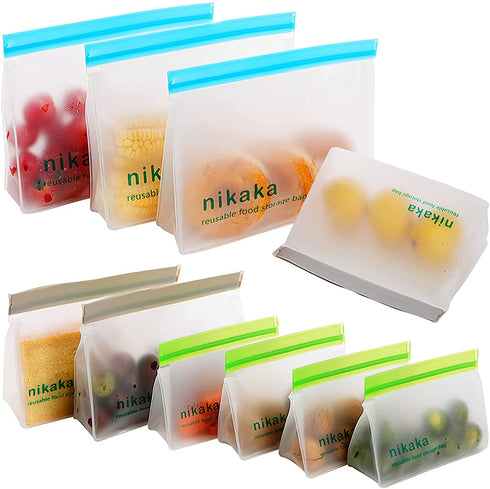 Nikaka Reusable Food Storage Bags 10 Pack, FDA Grade Stand Up Reusable Freezer Bags (3 Reusable Sandwich Bags, 4 Reusable Snack Bags, 3 Reusable Big Bags), Leakproof, Eco-friendly