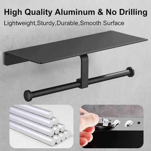 DUFU Toilet Paper Holder with Shelf,Anti-Rust Aluminum Double Roll Toilet Paper Holder with Mobile Phone Shelf for Bathroom,Self-Adhesive No Drill or Wall-Mounted with Screws for Bathroom (Matt Black)