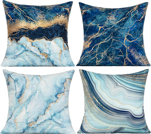VAKADO Navy Blue Outdoor Throw Pillows Covers Gold Teal Decorative Turquoise Marble Abstract Spring Patio Furniture Bench Couch Cushion Covers 18X18 Set of 4 for Summer Sofa Chair
