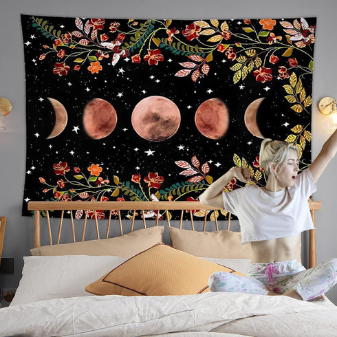 Moonlit Garden Tapestry Moon Phase Tapestry Floral Tapestries for Bedroom Aesthetic Wall Hanging Dorm Living Room Vertical Tapestry for Teen Girls?59x51 inch)
