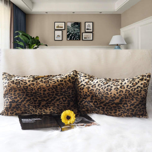 CARRIE HOME Soft Plush Leopard Print Faux Fur Lumbar Pillow Covers for Home Couch Sofa (Set of 2, 12x20 inch)