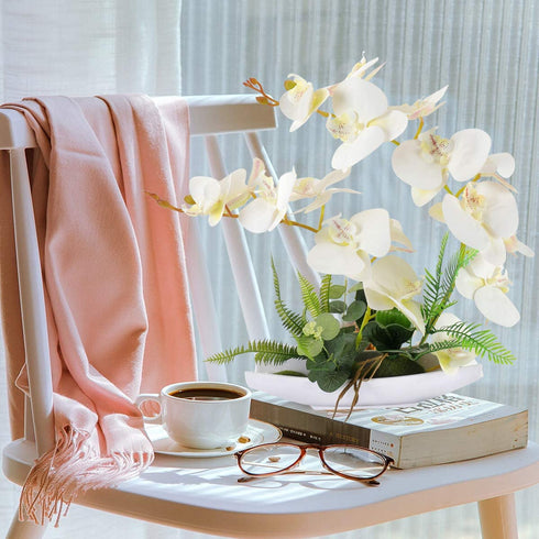 YOBANSA Orchid Bonsai Artificial Flowers with Imitation Porcelain Flower Pots Phalaenopsis Fake Flowers Arrangements for Home Decoration (White 1)